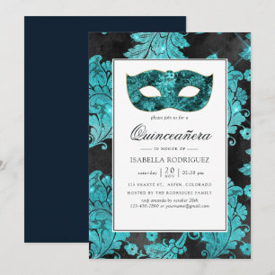 Invitation Quinceañera damasquin en teinte sarcelle vintage