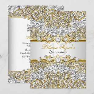 Invitation Quinceanera Damassé Or et Paillettes Ar