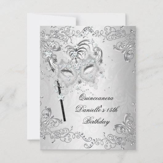 Invitation Quinceanera d'argent 15e anniversaire Masquerade (Devant)