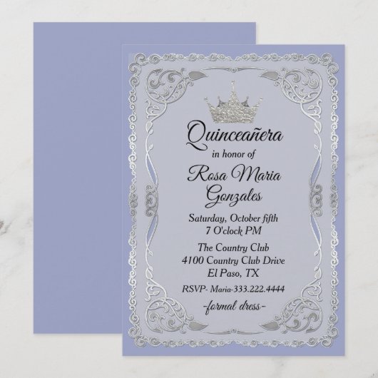 Invitation Quinceanera d'argent orné et de couronne bleu ardo (Devant / Derrière)