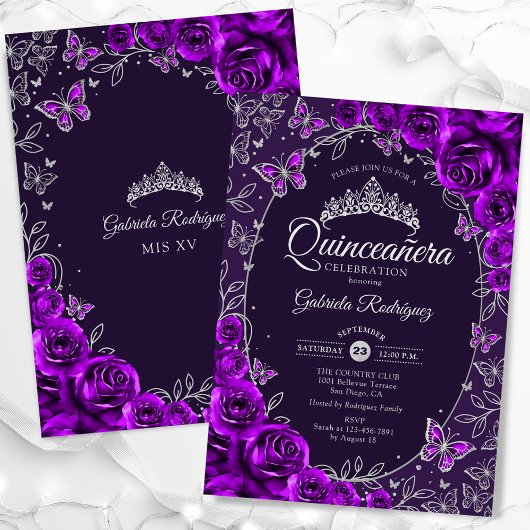 Invitation Quinceanera d'argent pourpre