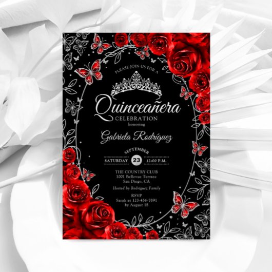Invitation Quinceanera d'argent rouge noir