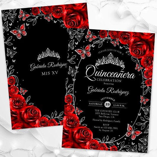 Invitation Quinceanera d'argent rouge noir
