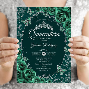 Invitation Quinceanera d'argent vert émeraude