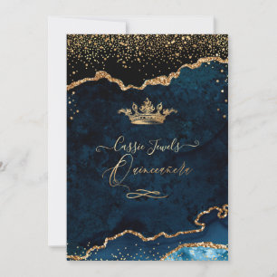 Invitation Quinceanera Dark Turquoise Agate Faux Gold Confett