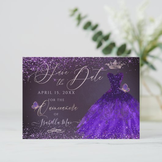 Invitation Quinceanera Date de sauvegarde Papillon Ultra Viol (Debout devant)
