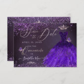 Invitation Quinceanera Date de sauvegarde Papillon Ultra Viol (Devant / Derrière)