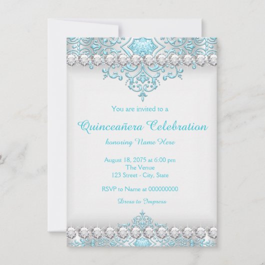 Invitation Quinceanera de diamants turquoise et argent (Devant)