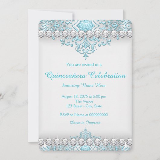 Invitation Quinceanera de diamants turquoise et argent (Devant)