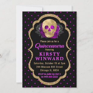 Invitation Quinceañera de Halloween à motif floral crâne doré