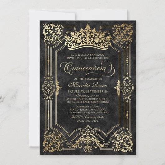 Invitation Quinceanera de la Couronne noire Tiara Elegant (Devant)