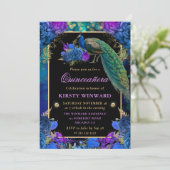 Invitation Quinceanera de Peacock Floral Bleu et Violet (Debout devant)