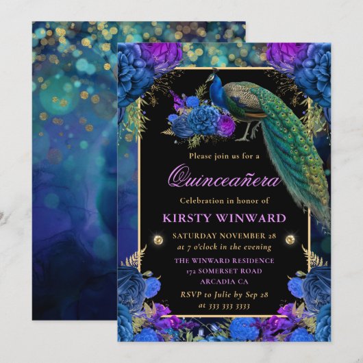 Invitation Quinceanera de Peacock Floral Bleu et Violet (Devant / Derrière)