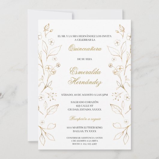 Invitation Quinceañera de tema oro (Devant)