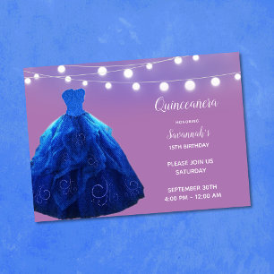 Invitation Quinceanera Denim Bleu Lumières Guirlandes Lavande