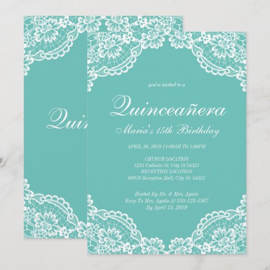Invitation Quinceanera dentelle turquoise et blanche, Invitat (Devant / Derrière)