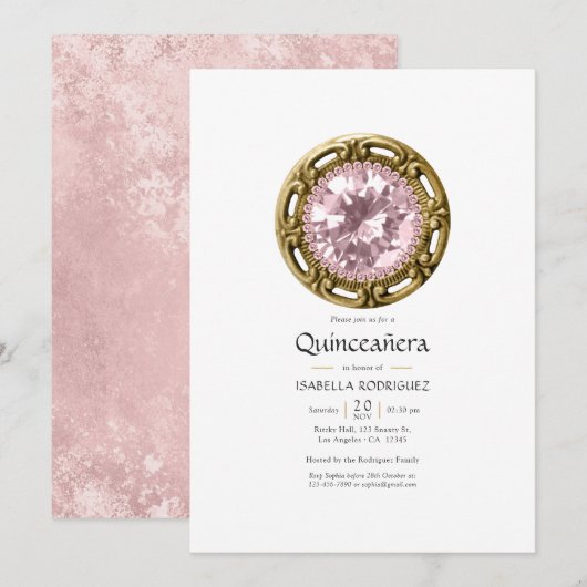 Invitation Quinceañera Diamant Rose (Devant / Derrière)
