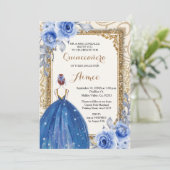 Invitation Quinceanera d'or des fleurs bleues de la marine (Debout devant)