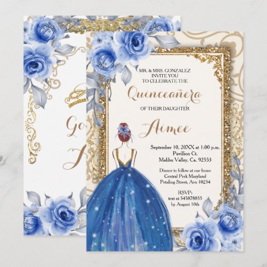 Invitation Quinceanera d'or des fleurs bleues de la marine (Devant / Derrière)