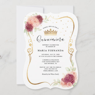 Invitation Quinceanera d'or floral Mis Quince Burgundy Blush