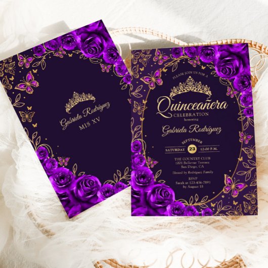 Invitation Quinceanera d'or pourpre