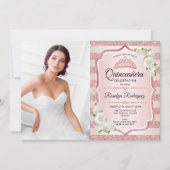 Invitation Quinceanera d'or rose avec photo - Roses blanches (Devant)