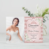 Invitation Quinceanera d'or rose avec photo - Roses blanches (Debout devant)