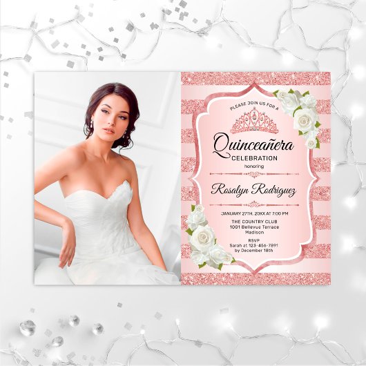Invitation Quinceanera d'or rose avec photo - Roses blanches