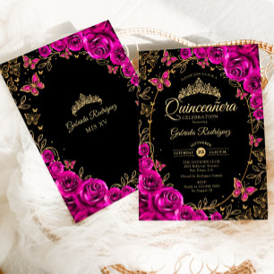 Invitation Quinceanera d'or rose Fuchsia