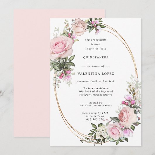 Invitation Quinceanera d'or rose rose pâle (Devant / Derrière)
