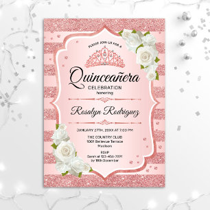 Invitation Quinceanera d'or rose - Roses blanches