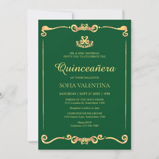 Invitation Quinceanera d'or vert classique (Devant)