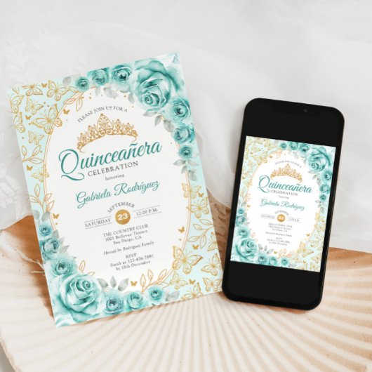 Invitation Quinceanera dorée turquoise