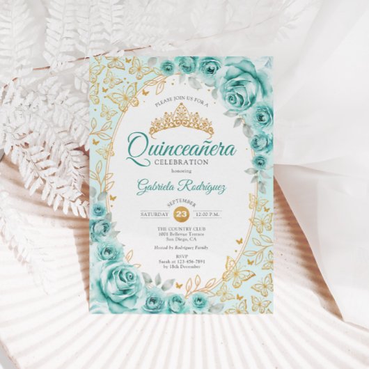 Invitation Quinceanera dorée turquoise