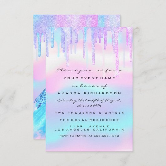 Invitation Quinceanera Douce 16e Robe Holographique Rose Bleu (Devant / Derrière)