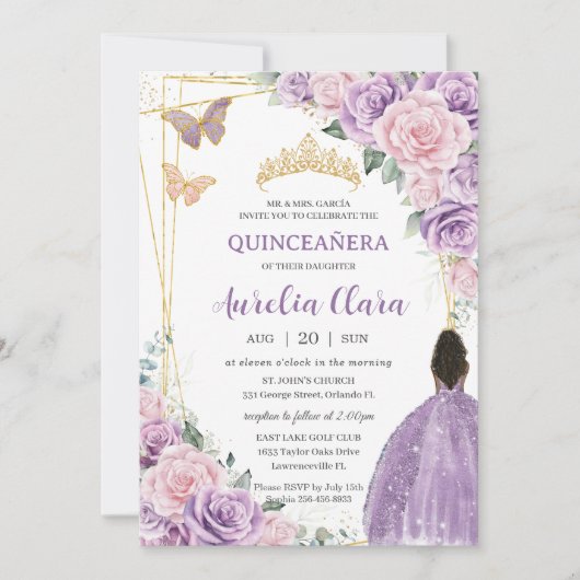 Invitation Quinceañera Douce violet rose Brown Floral Princes (Devant)