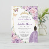 Invitation Quinceañera Douce violet rose Brown Floral Princes (Debout devant)