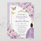 Invitation Quinceañera Douce violet rose Brown Floral Princes (Devant / Derrière)