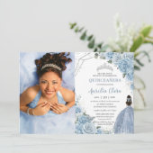 Invitation Quinceañera Doux Bleu Floral Princesse 15 Años (Debout devant)