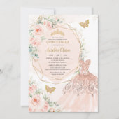 Invitation Quinceañera Doux Blush Floral Robe Papillons (Devant)
