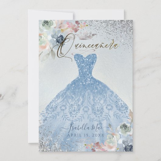Invitation Quinceanera Dusty Blue Parties scintillant argent  (Devant)
