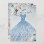 Invitation Quinceanera Dusty Blue Parties scintillant argent  (Devant / Derrière)