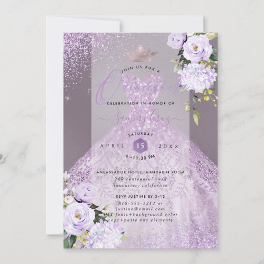 Invitation Quinceanera Dusty Lilac Purple Silver Parties scin (Dos)