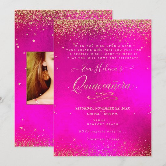 Invitation Quinceañera, Écrit dans la star, Hot PInk (Devant / Derrière)