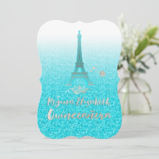 Invitation Quinceanera/Eiffel/Bleu/Princesse/Couronne (Debout devant)
