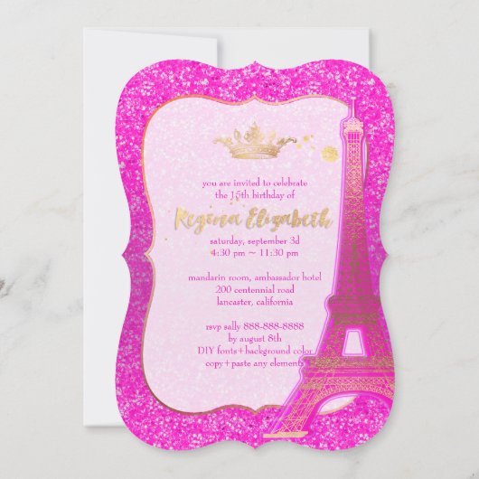 Invitation Quinceanera/Eiffel/Neon Rose/Princesse/Couronne (Dos)