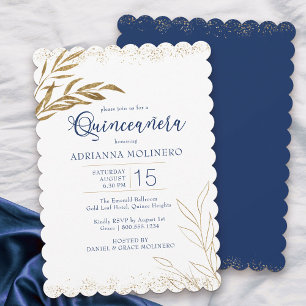 Invitation Quinceanera Élégant Bleu Royal et Feuille d'Or