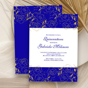 Invitation Quinceanera Élégant Bleu Royal et Floral Doré