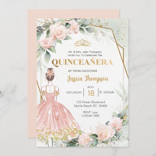Invitation Quinceañera Elegant Blush Rose or Floral (Devant / Derrière)