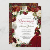 Invitation Quinceanera élégant charro bordeaux blanc fleuri i (Devant / Derrière)